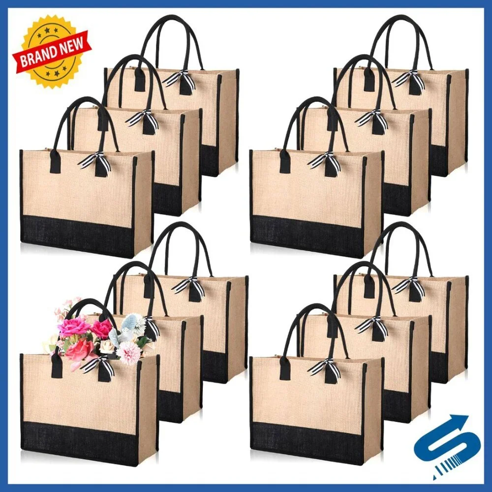 Large Jute Tote Bags Set Reusable Burlap Beach Shopping Grocery DIY Gift